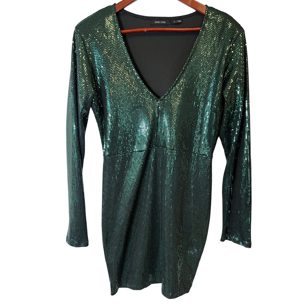 Mind‎ Code Emerald Green Sequin V-Neck Long Sleeve Mini Dress Q461 Womens Large